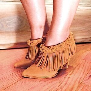 Femmes Sans Peur Astra Soft Tan Brown Suede Dutch Braided Fringe Ankle Boots